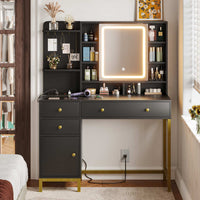 Sikaic Makeup Vanity LED Makeup Vanity Desk with Mirror Charging Station Hidden and Open Storage Shelves Black