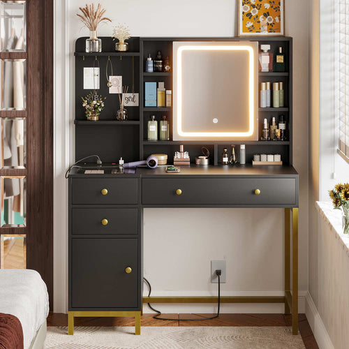 Sikaic Makeup Vanity LED Makeup Vanity Desk with Mirror Charging Station Hidden and Open Storage Shelves Black