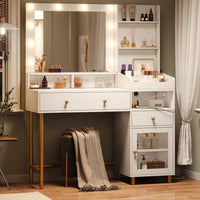 Sikaic Makeup Vanity LED Makeup Vanity with Mirror Charging Station Open Storage Shelves 3-Compartment Organizer White