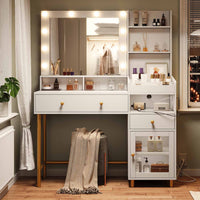 Sikaic Makeup Vanity LED Makeup Vanity with Mirror Charging Station Open Storage Shelves 3-Compartment Organizer White