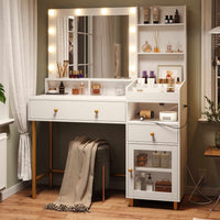 Sikaic Makeup Vanity LED Makeup Vanity with Mirror Charging Station Open Storage Shelves 3-Compartment Organizer White
