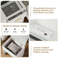 Sikaic Makeup Vanity LED Makeup Vanity Set with Mirror Cushioned Stool Charging Station Open Storage Shelves White