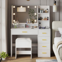 Sikaic Makeup Vanity LED Makeup Vanity Set with Mirror Cushioned Stool Charging Station Open Storage Shelves White