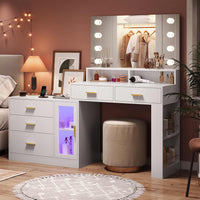 Sikaic Makeup Vanity LED Makeup Vanity Dresser with Mirror and Charging Station & 5 Drawers Cabinet Storage White