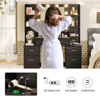 Sikaic Makeup Vanity Glass Top Makeup Vanity with Lights Power Strip & 10x Magnifying Mirror And Compartment Storage Drawers & Shelves Black