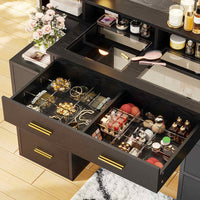 Sikaic Makeup Vanity Glass Top Makeup Vanity with Lights Power Strip & 10x Magnifying Mirror And Compartment Storage Drawers & Shelves Black