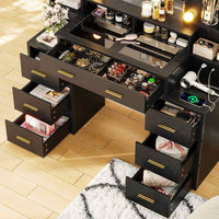 Sikaic Makeup Vanity Glass Top Makeup Vanity with Lights Power Strip & 10x Magnifying Mirror And Compartment Storage Drawers & Shelves Black