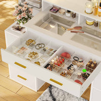 Sikaic Makeup Vanity Glass Top Makeup Vanity with Lights Power Strip & 10x Magnifying Mirror And Compartment Storage Drawers & Shelves White