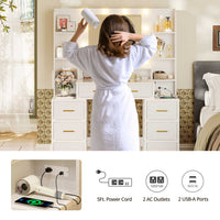 Sikaic Makeup Vanity Glass Top Makeup Vanity with Lights Power Strip & 10x Magnifying Mirror And Compartment Storage Drawers & Shelves White