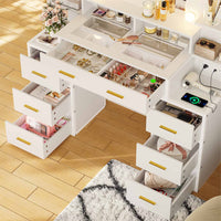 Sikaic Makeup Vanity Glass Top Makeup Vanity with Lights Power Strip & 10x Magnifying Mirror And Compartment Storage Drawers & Shelves White