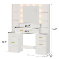 Sikaic Makeup Vanity Glass Top Makeup Vanity with Lights Power Strip & 10x Magnifying Mirror And Compartment Storage Drawers & Shelves White