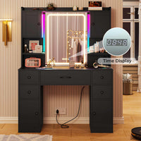 Sikaic Makeup Vanity Makeup Vanity Desk with Charging Station Mirror & Time Display & Ambient Light 5 Drawers & 4 Storage Cabinets Black