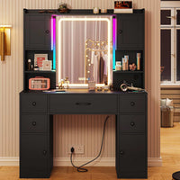 Sikaic Makeup Vanity Makeup Vanity Desk with Charging Station Mirror & Time Display & Ambient Light 5 Drawers & 4 Storage Cabinets Black