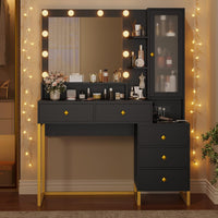 Sikaic Makeup Vanity Large Makeup Vanity with Nightstand Mirror and Lights & Charging Station 5 Drawers and Storage Shelves Black&Gold