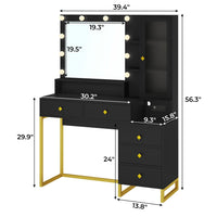 Sikaic Makeup Vanity Large Makeup Vanity with Nightstand Mirror and Lights & Charging Station 5 Drawers and Storage Shelves Black&Gold