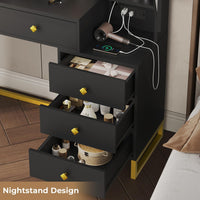 Sikaic Makeup Vanity Large Makeup Vanity with Nightstand Mirror and Lights & Charging Station 5 Drawers and Storage Shelves Black&Gold
