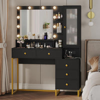 Sikaic Makeup Vanity Large Makeup Vanity with Nightstand Mirror and Lights & Charging Station 5 Drawers and Storage Shelves Black&Gold