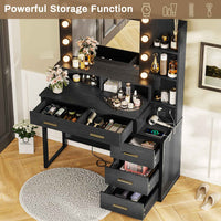 Sikaic Makeup Vanity Makeup Vanity with Mirror & Lights and Charging Station 5 Drawers and Shelves Black