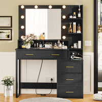 Sikaic Makeup Vanity Makeup Vanity with Mirror & Lights and Charging Station 5 Drawers and Shelves Black