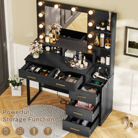 Sikaic Makeup Vanity Makeup Vanity with Mirror & Lights and Charging Station 5 Drawers and Shelves Black