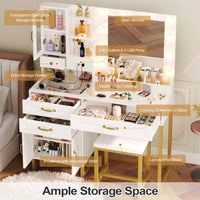 Sikaic Makeup Vanity Sikaic Glass Top Makeup Vanity Desk with Lighted Mirror & Bench Charging Station Double Door Cabinet White & Gold