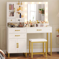 Sikaic Makeup Vanity Sikaic Glass Top Makeup Vanity Desk with Lighted Mirror & Bench Charging Station Double Door Cabinet White & Gold