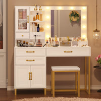 Sikaic Makeup Vanity Sikaic Glass Top Makeup Vanity Desk with Lighted Mirror & Bench Charging Station Double Door Cabinet White & Gold