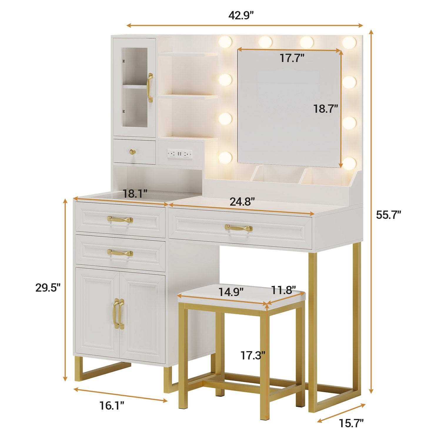 Glass Top Makeup Vanity Set with Bench Lighted Mirror White Gold Modern - Sikaic Glass Top Makeup Vanity Set with Bench Lighted Mirror White Gold Modern - Sikaic