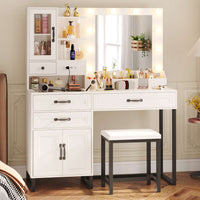 Sikaic Makeup Vanity Glass Top Makeup Vanity Desk with Lighted Mirror & Bench Charging Station Double Door Cabinet White & Black