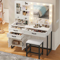 Sikaic Makeup Vanity Glass Top Makeup Vanity Desk with Lighted Mirror & Bench Charging Station Double Door Cabinet White & Black