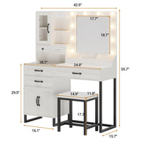Sikaic Makeup Vanity Glass Top Makeup Vanity Desk with Lighted Mirror & Bench Charging Station Double Door Cabinet White & Black