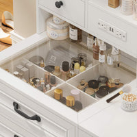 Sikaic Makeup Vanity Glass Top Makeup Vanity Desk with Lighted Mirror & Bench Charging Station Double Door Cabinet White & Black