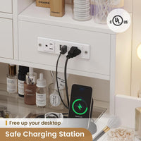 Sikaic Makeup Vanity Glass Top Makeup Vanity Desk with Lighted Mirror & Bench Charging Station Double Door Cabinet White & Black