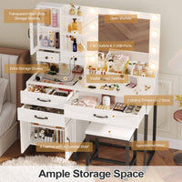 Sikaic Makeup Vanity Glass Top Makeup Vanity Desk with Lighted Mirror & Bench Charging Station Double Door Cabinet White & Black