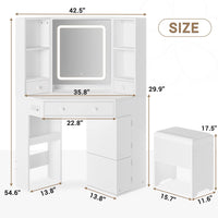 Sikaic Makeup Vanity Corner LED Makeup Vanity Desk with Storage Stool and Charging Station Mirror Drawers, Rotating Shelves White