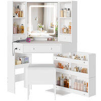 Sikaic Makeup Vanity Corner LED Makeup Vanity Desk with Storage Stool and Charging Station Mirror Drawers, Rotating Shelves White
