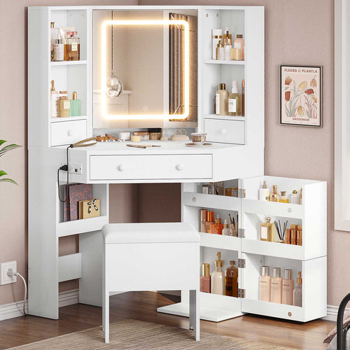 Sikaic Makeup Vanity Corner LED Makeup Vanity Desk with Storage Stool and Charging Station Mirror Drawers, Rotating Shelves White