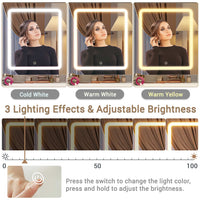 Sikaic Makeup Vanity Corner LED Makeup Vanity Desk with Storage Stool and Charging Station Mirror Drawers, Rotating Shelves White