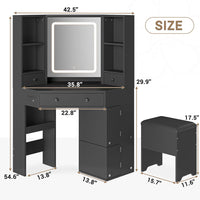 Sikaic Makeup Vanity Corner LED Makeup Vanity Desk with Storage Stool and Charging Station Mirror Drawers, Rotating Shelves Black