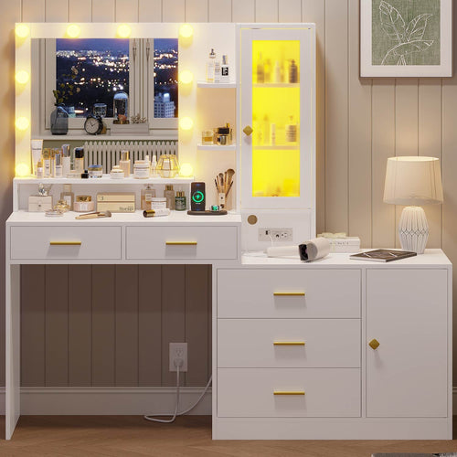 Sikaic Makeup Vanity LED Makeup Vanity with Dresser Charging Station Mirror Drawers & Shelves White