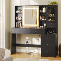 Sikaic Makeup Vanity LED Makeup Vanity with Charging Station & 3-Layer Jewelry Box Sliding Mirror & 5 Drawers & Shelves Black