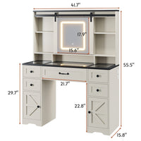 Sikaic Makeup Vanity LED Vanity Desk with Sliding Mirror and Lights Large Makeup Vanity with Glass Top & Charging Station 5 Drawers & Shelves & Cabinets Antique White