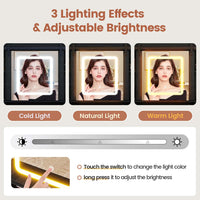 Sikaic LED Vanity Desk with Sliding Mirror & LED Lights Tempered Glass Top Farmhouse Makeup Vanity Table with Power Outlet Rustic Dressing Table Wood-Grain Black