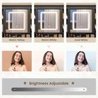 Sikaic LED Vanity Desk with Sliding Mirror & LED Lights Tempered Glass Top Farmhouse Makeup Vanity Table with Power Outlet Rustic Dressing Table Wood-Grain Black