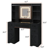 Sikaic LED Vanity Desk with Sliding Mirror & LED Lights Tempered Glass Top Farmhouse Makeup Vanity Table with Power Outlet Rustic Dressing Table Wood-Grain Black