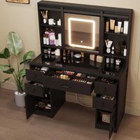 Sikaic LED Vanity Desk with Sliding Mirror & LED Lights Tempered Glass Top Farmhouse Makeup Vanity Table with Power Outlet Rustic Dressing Table Wood-Grain Black