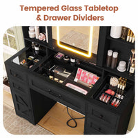 Sikaic LED Vanity Desk with Sliding Mirror & LED Lights Tempered Glass Top Farmhouse Makeup Vanity Table with Power Outlet Rustic Dressing Table Wood-Grain Black