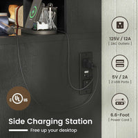 Sikaic LED Vanity Desk with Sliding Mirror & LED Lights Tempered Glass Top Farmhouse Makeup Vanity Table with Power Outlet Rustic Dressing Table Wood-Grain Black