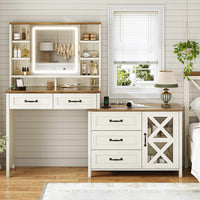 Sikaic Makeup Vanity LED Mirror Glass Top Vanity Desk with Dresser & Charging Station Drawers & Shelves White