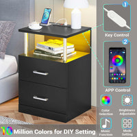 Sikaic Nightstand LED 2 Drawers Nightstand with Charging Station Open Storage 2 USB Ports 2 Outlets Black